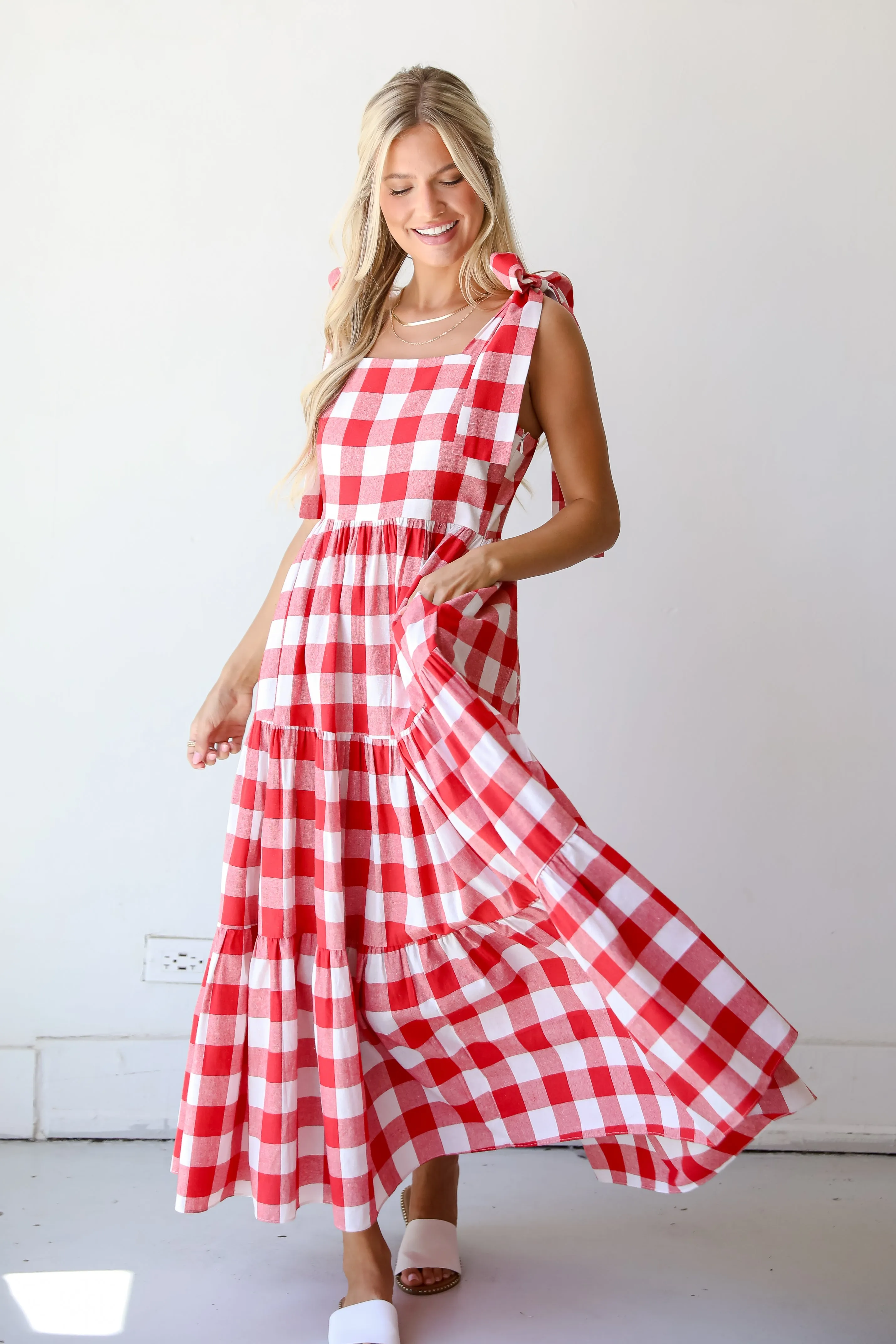 Pretty Picnic Red Gingham Tiered Maxi Dress