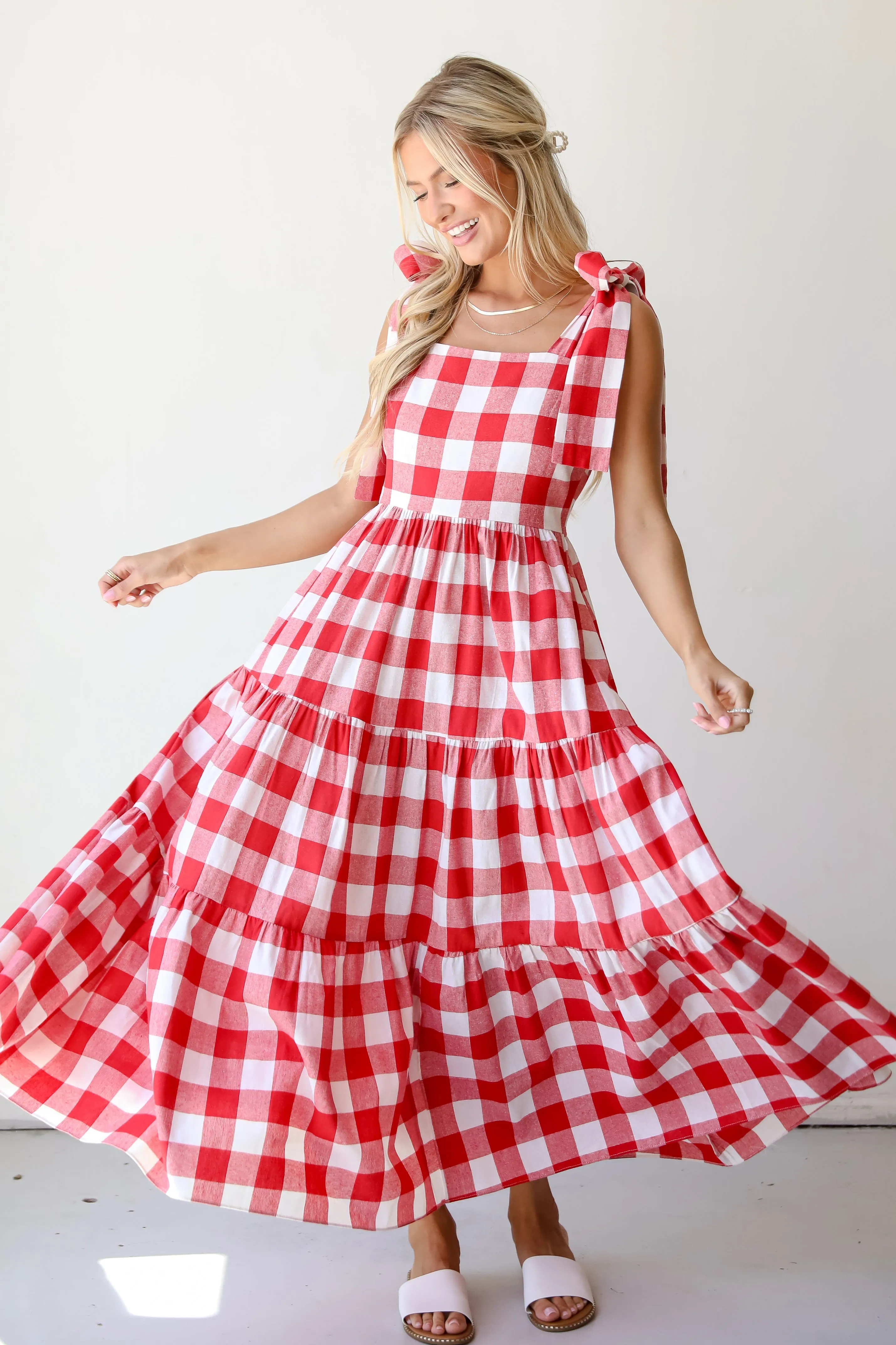 Pretty Picnic Red Gingham Tiered Maxi Dress