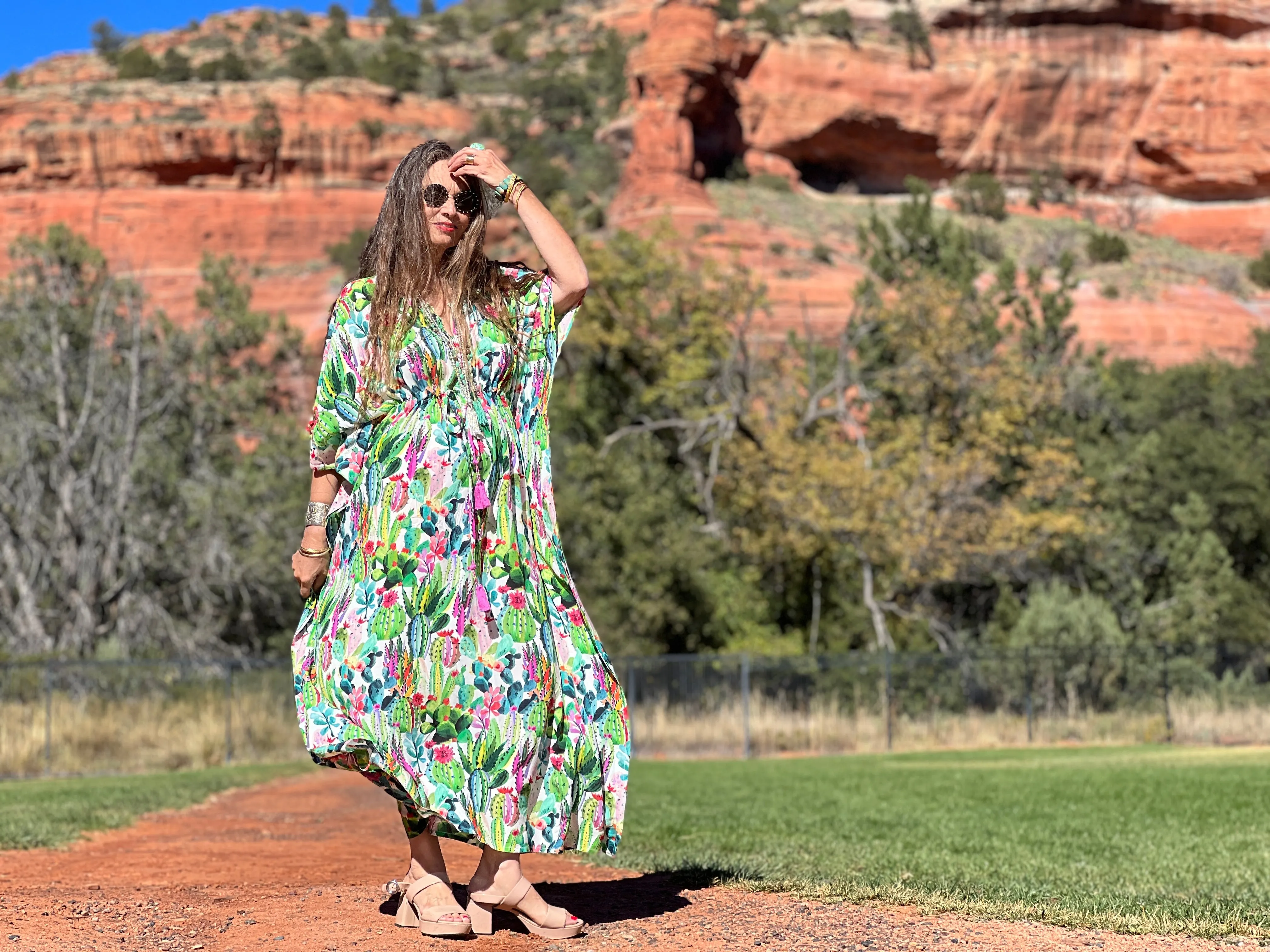 Primavera Cactus Italian Silk Maxi Kaftan Dress