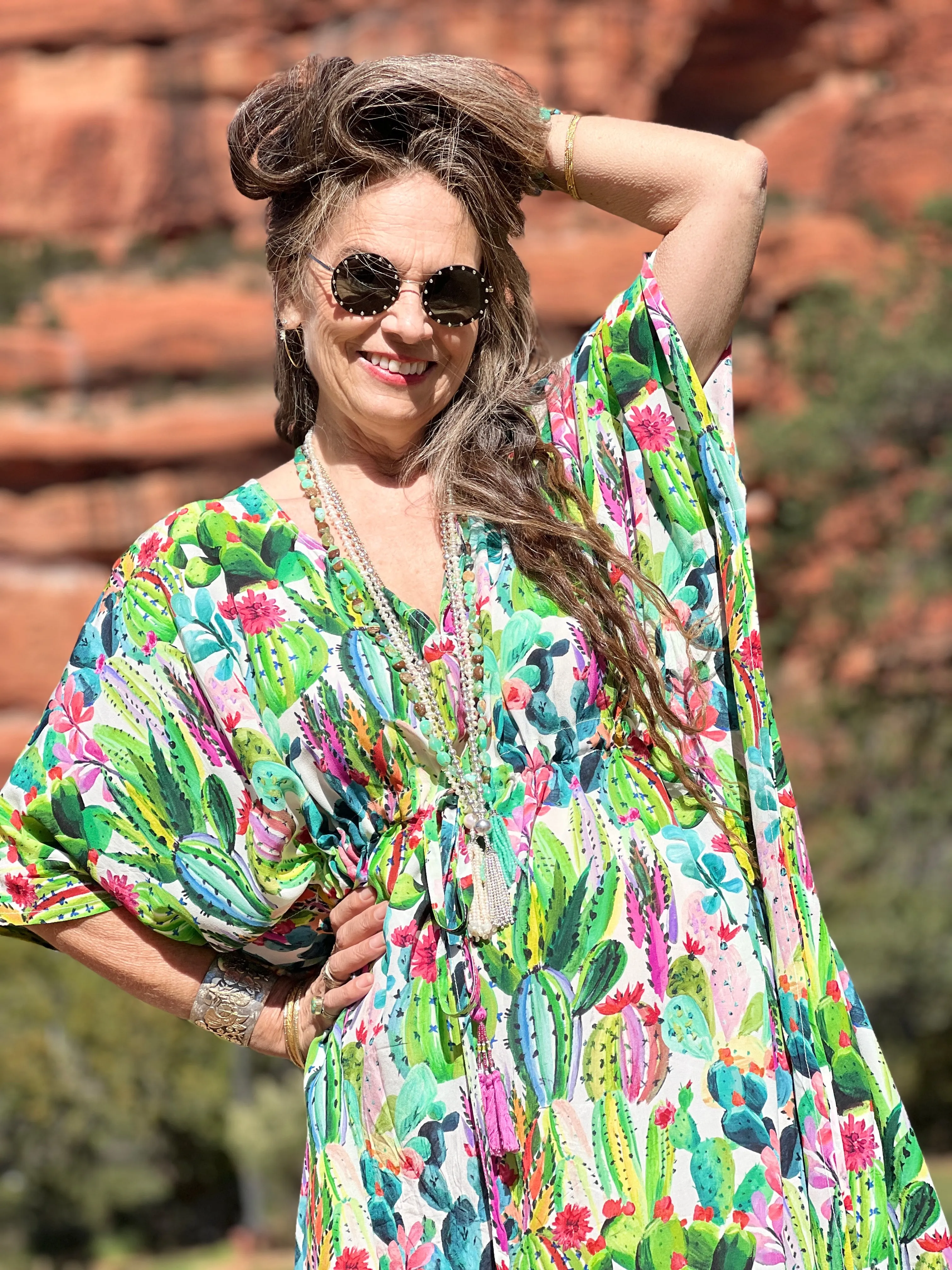 Primavera Cactus Italian Silk Maxi Kaftan Dress