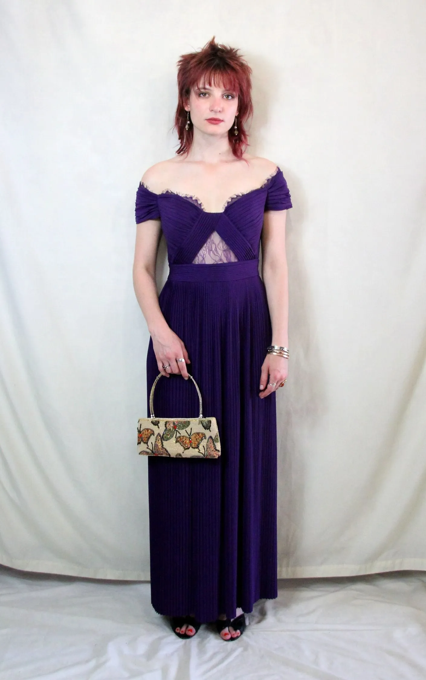 Purple pleat Bardot maxi prom dress