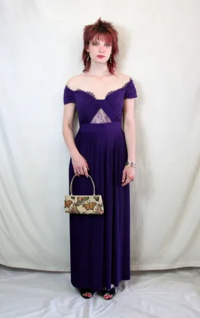 Purple pleat Bardot maxi prom dress