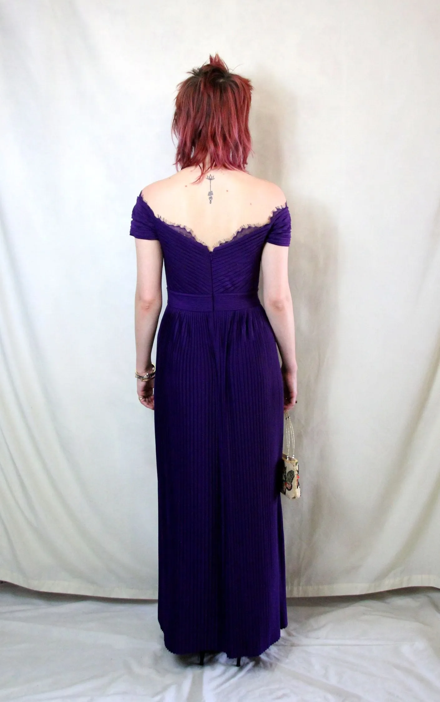 Purple pleat Bardot maxi prom dress