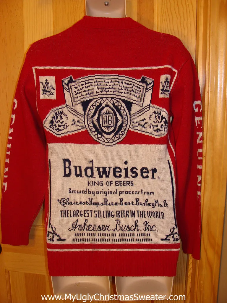 Red Ugly Christmas Sweater Party Vintage Budweiser Sweater with 2sided Bud Label Design (v5)