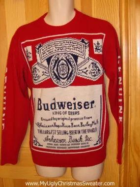 Red Ugly Christmas Sweater Party Vintage Budweiser Sweater with 2sided Bud Label Design (v5)