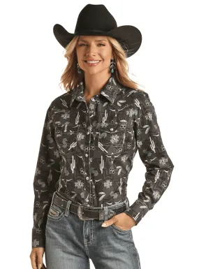 Rock & Roll Cowboy Women's Black Western Print Long Sleeve Snap Up Western Shirt RRWSOSRZ19