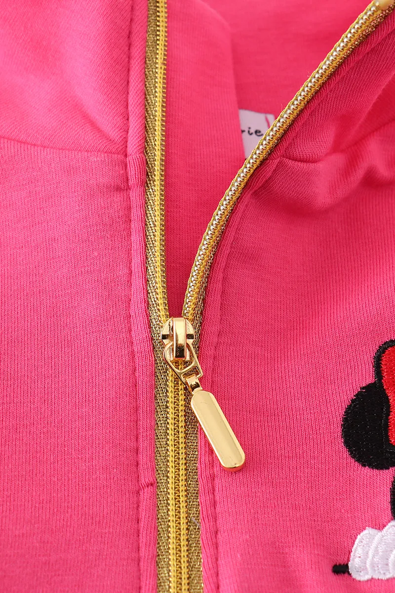 Rose character embroidery girl zipper pullover