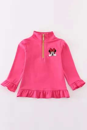 Rose character embroidery girl zipper pullover