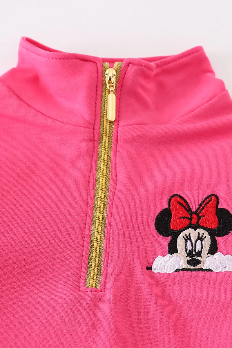 Rose character embroidery girl zipper pullover