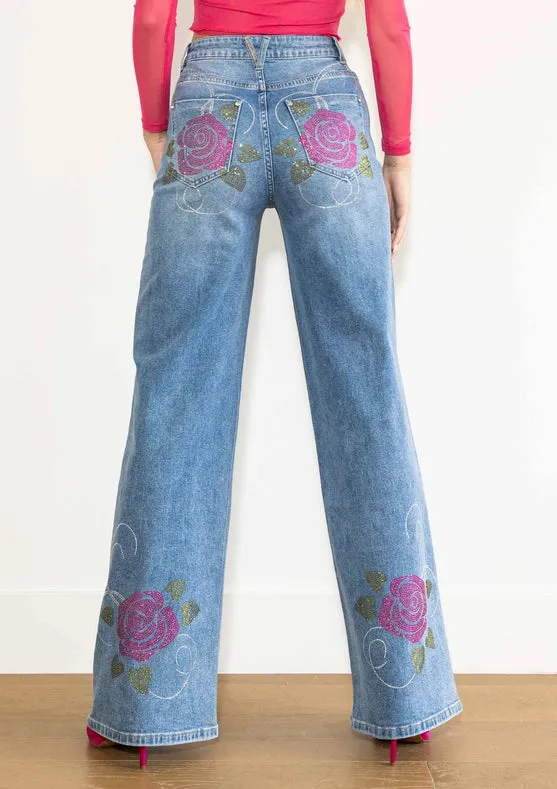 Rose Rhinestone Wide Jeans