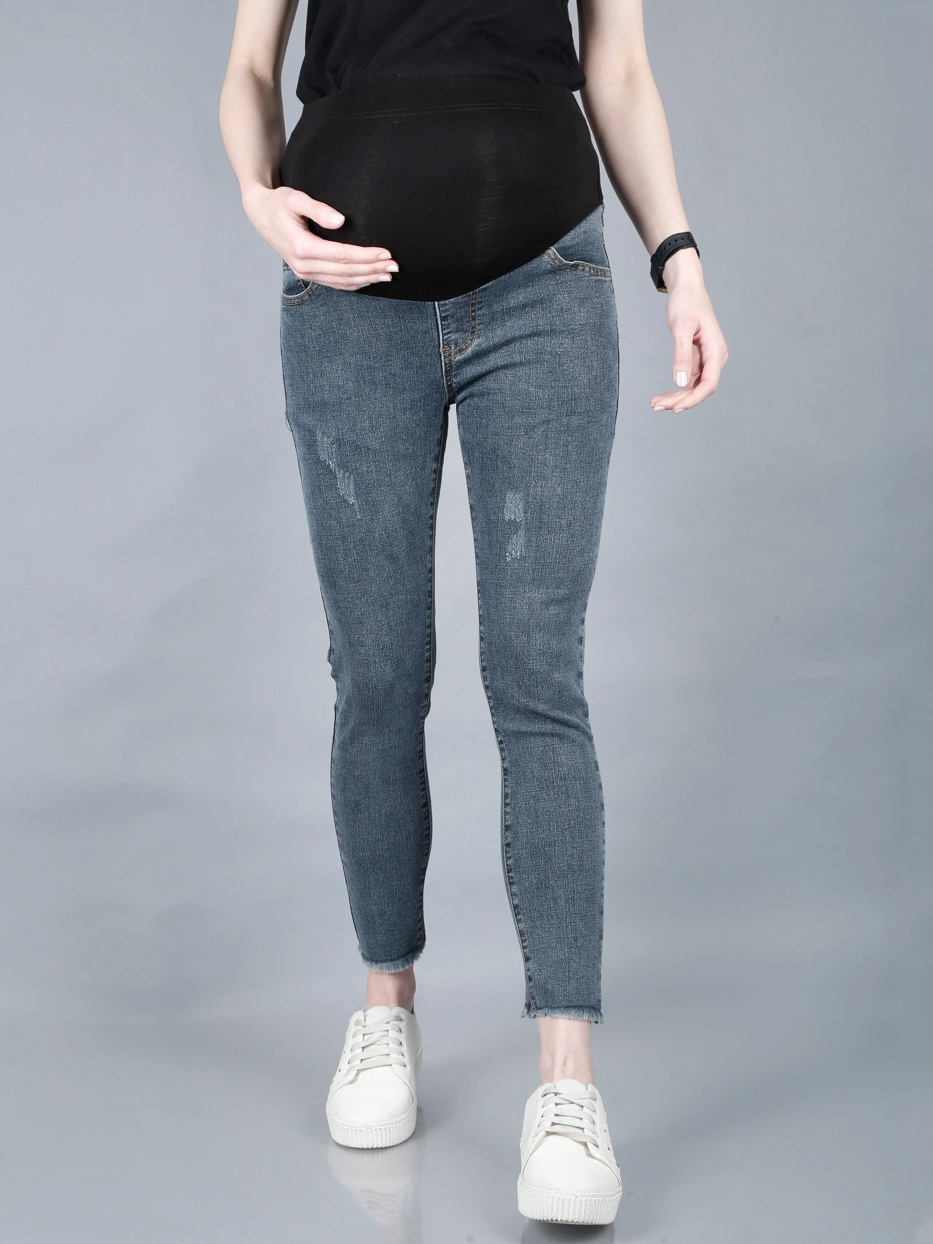 Roughed Grey Denims with Belly Support