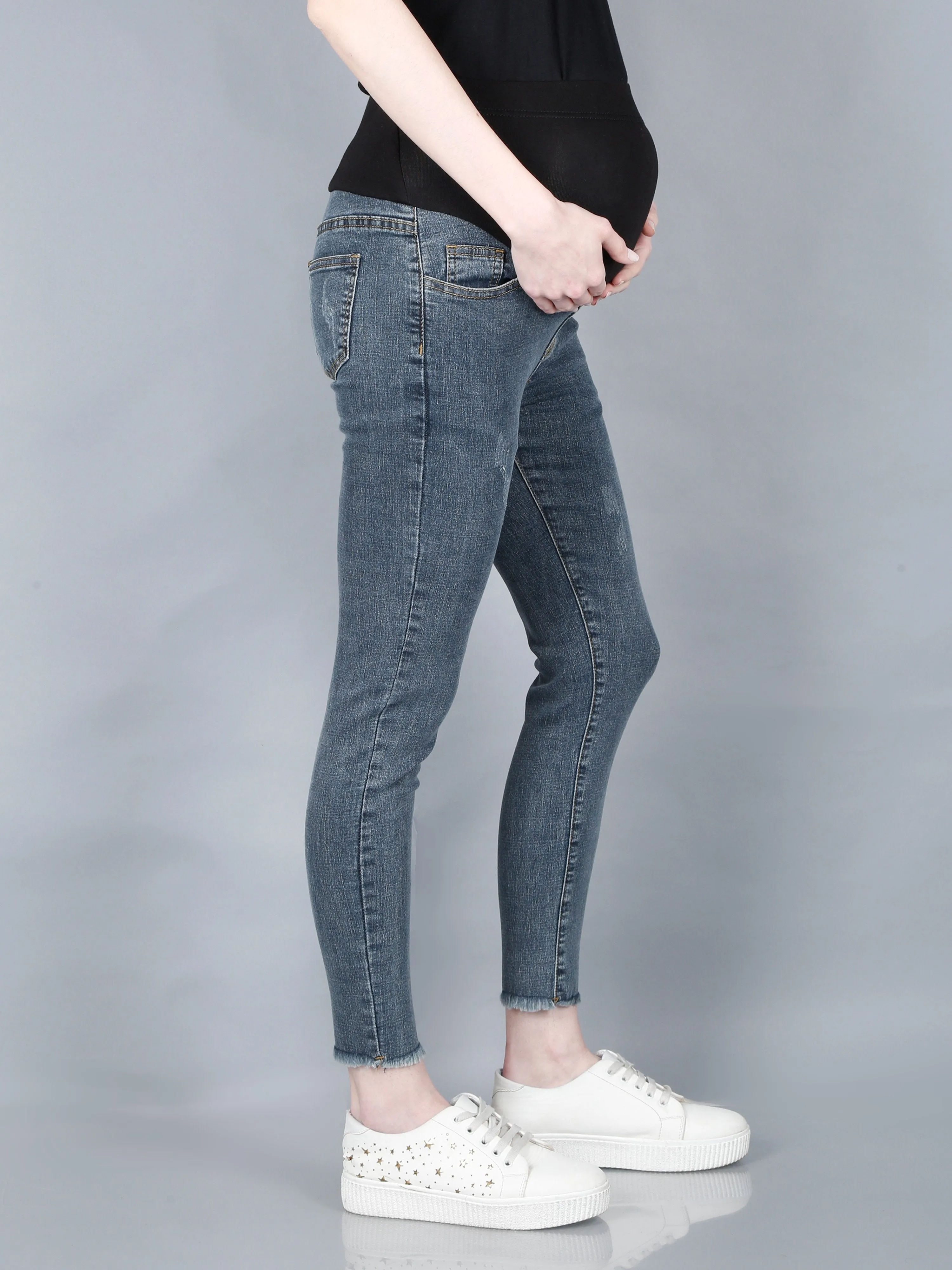 Roughed Grey Denims with Belly Support