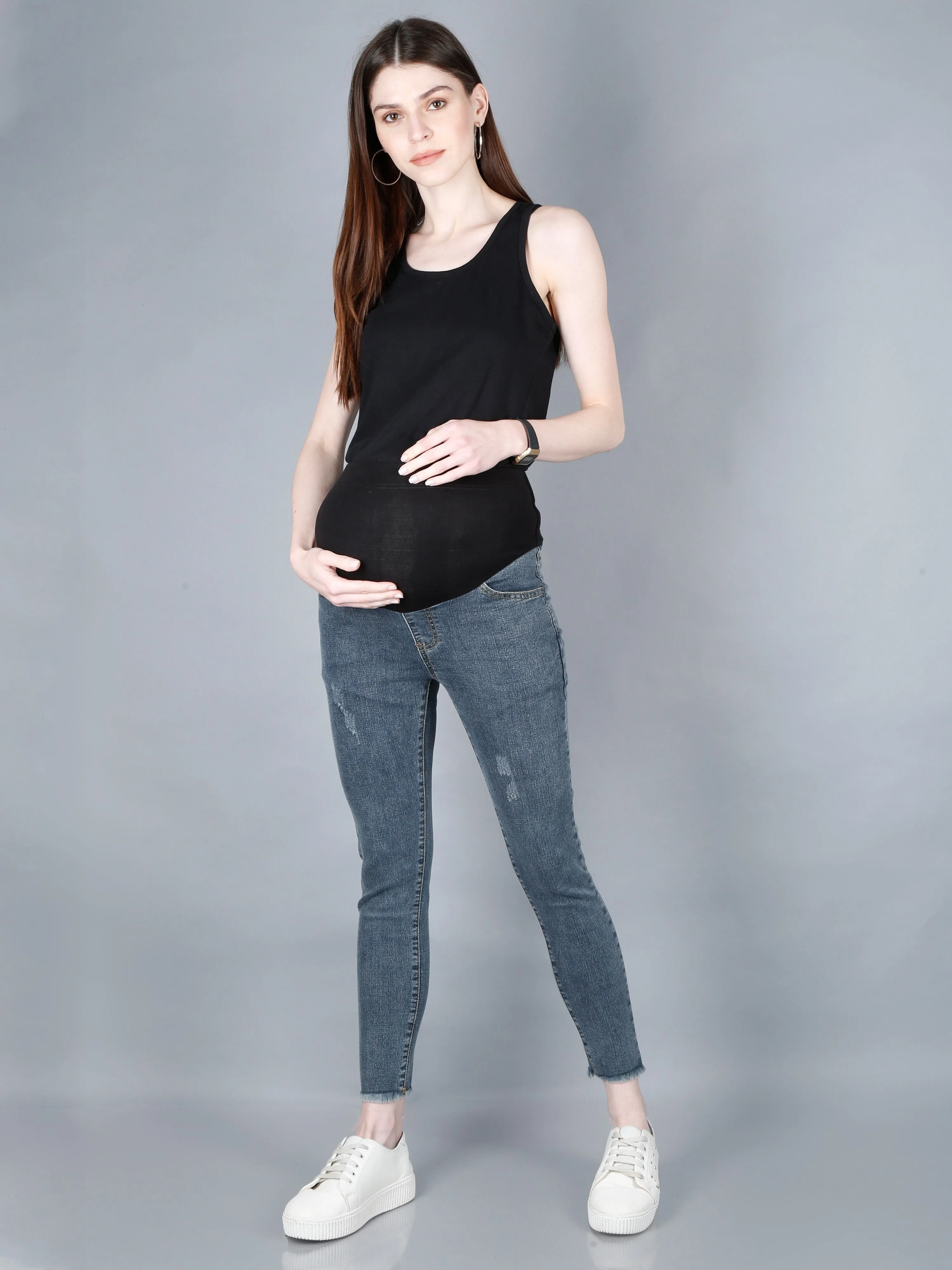 Roughed Grey Denims with Belly Support