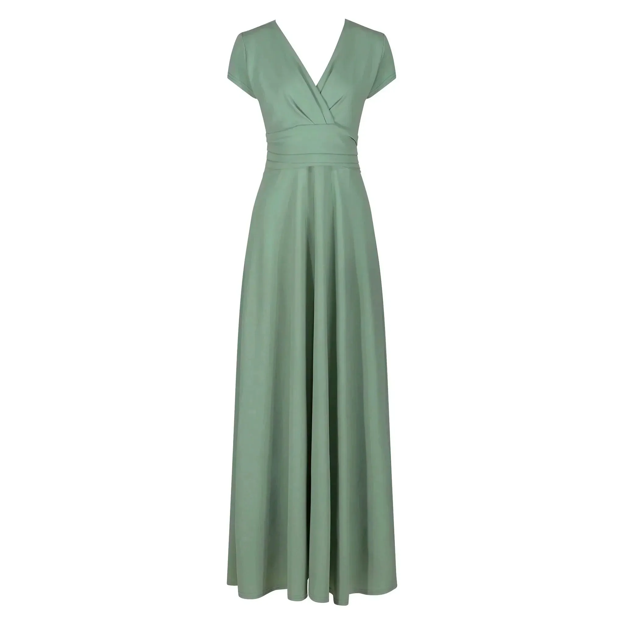 Sage Green V Neck Cap Sleeve Maxi Dress