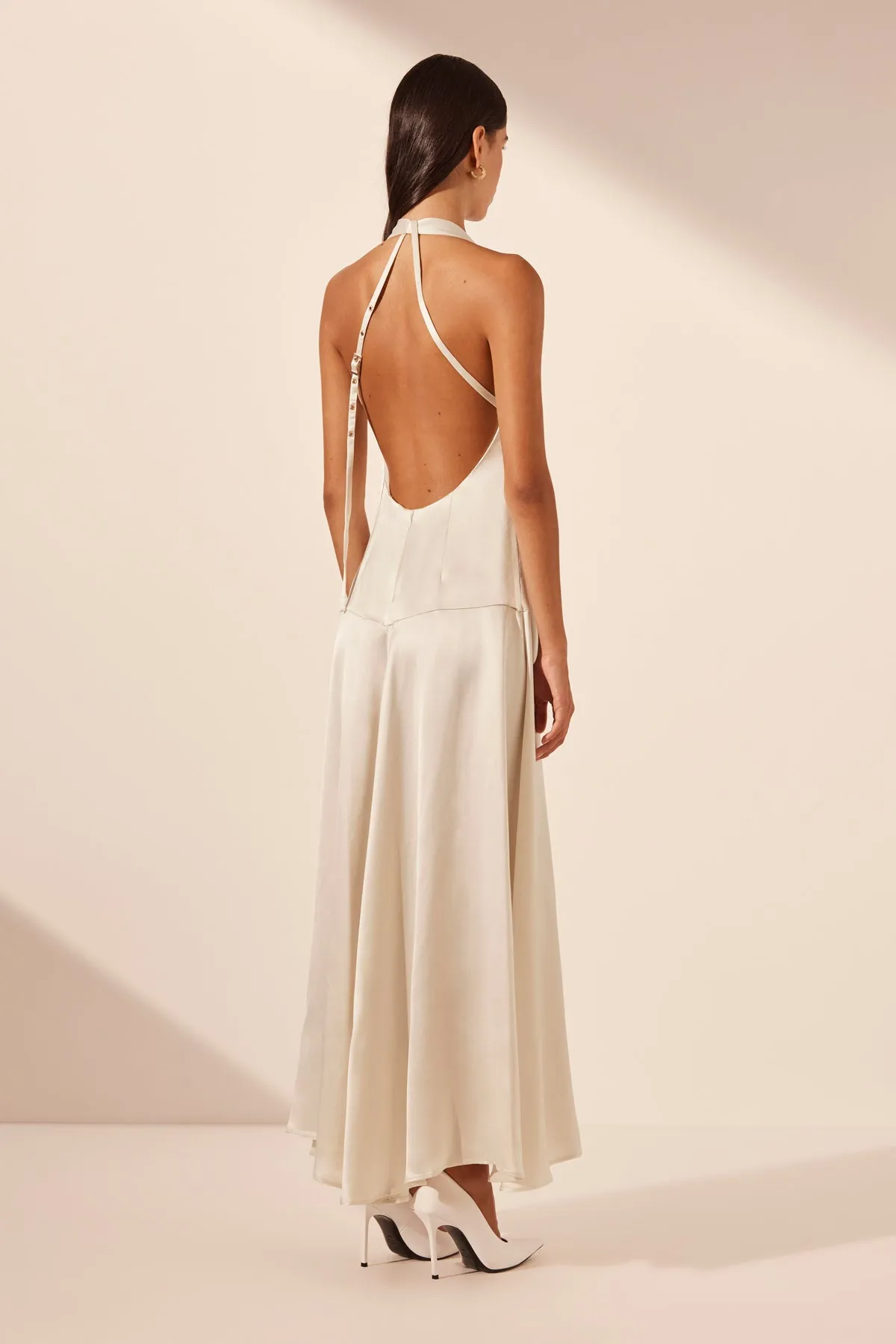 SAVANNA HALTER OPEN BACK MAXI DRESS - PEARL