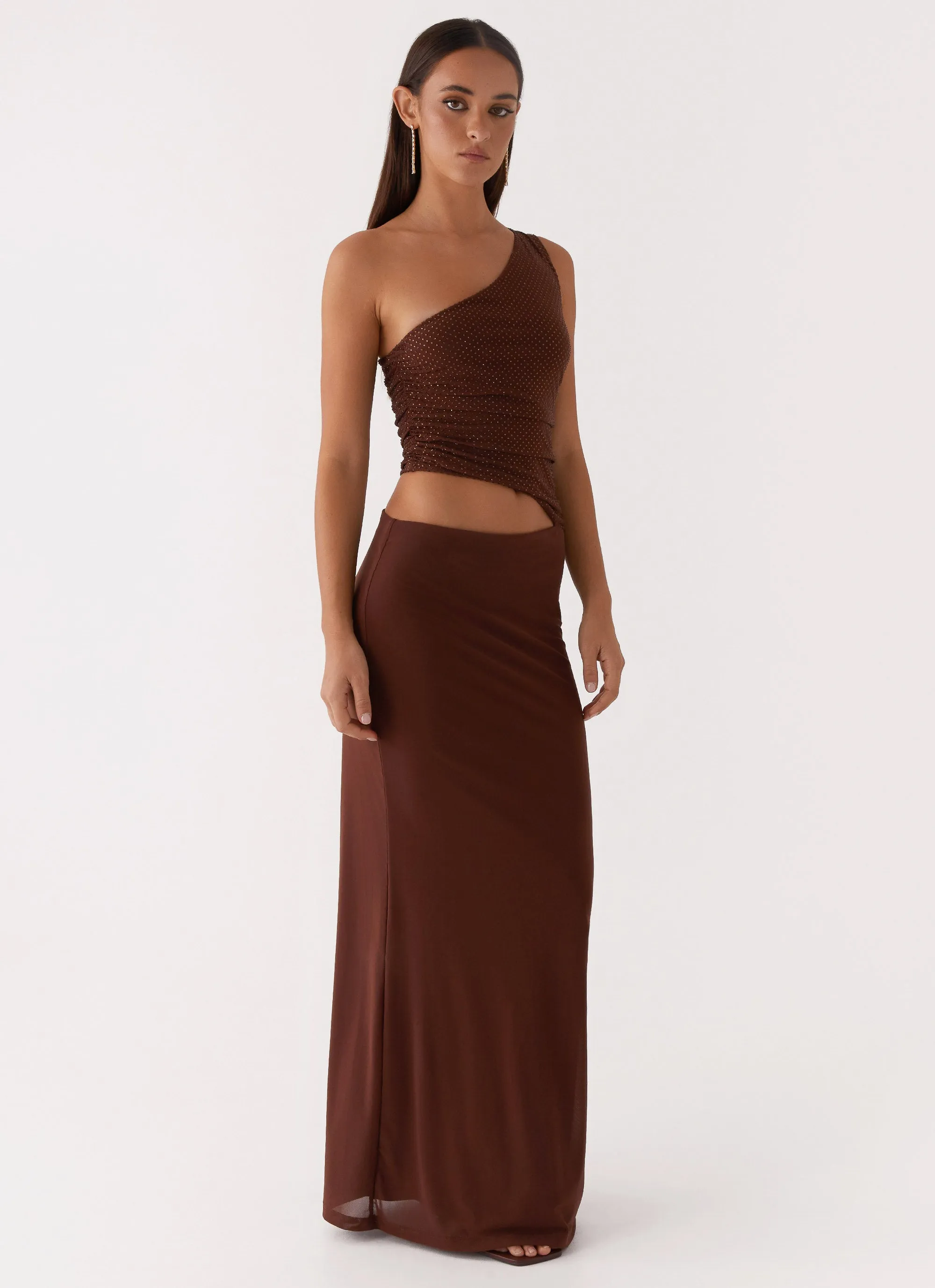 Seranella Sequin One Shoulder Maxi Dress - Chocolate