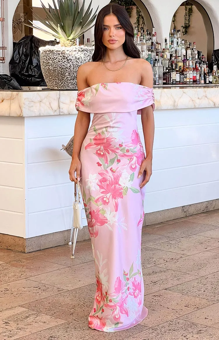 Seraphina Pink Floral Print Off The Shoulder Maxi Dress