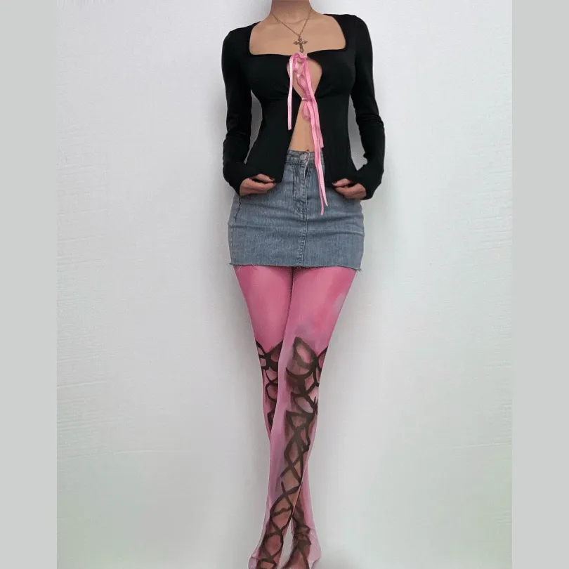 Sheer mesh print contrast tights- Final Sale