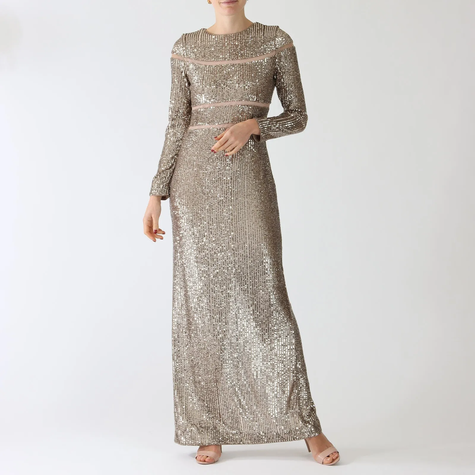 Shiny Sand Sequin Panelled Maxi Dress