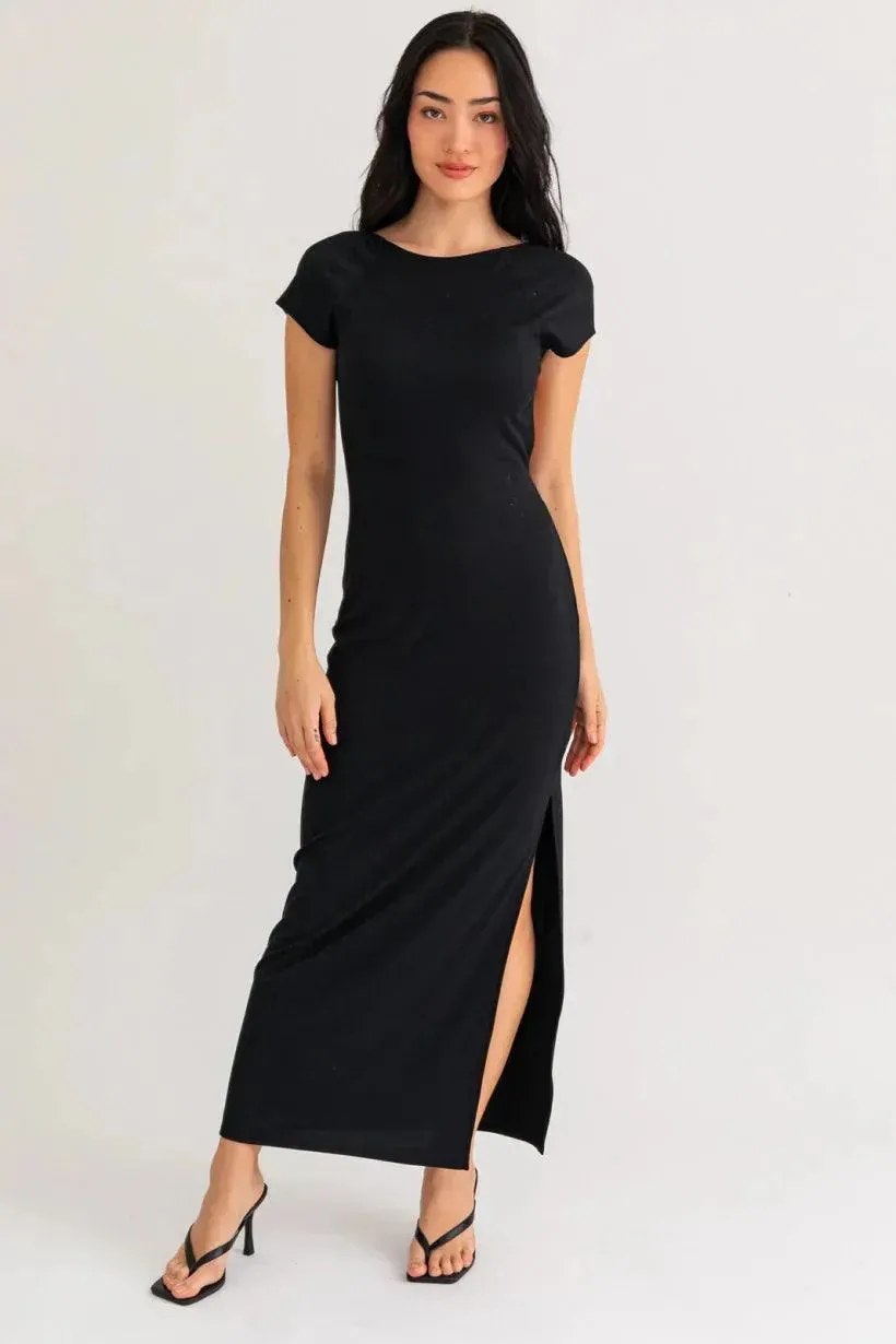 Short Cap Sleeve Side Slit Open Back Tube Maxi Dress