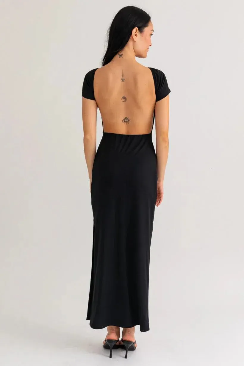 Short Cap Sleeve Side Slit Open Back Tube Maxi Dress