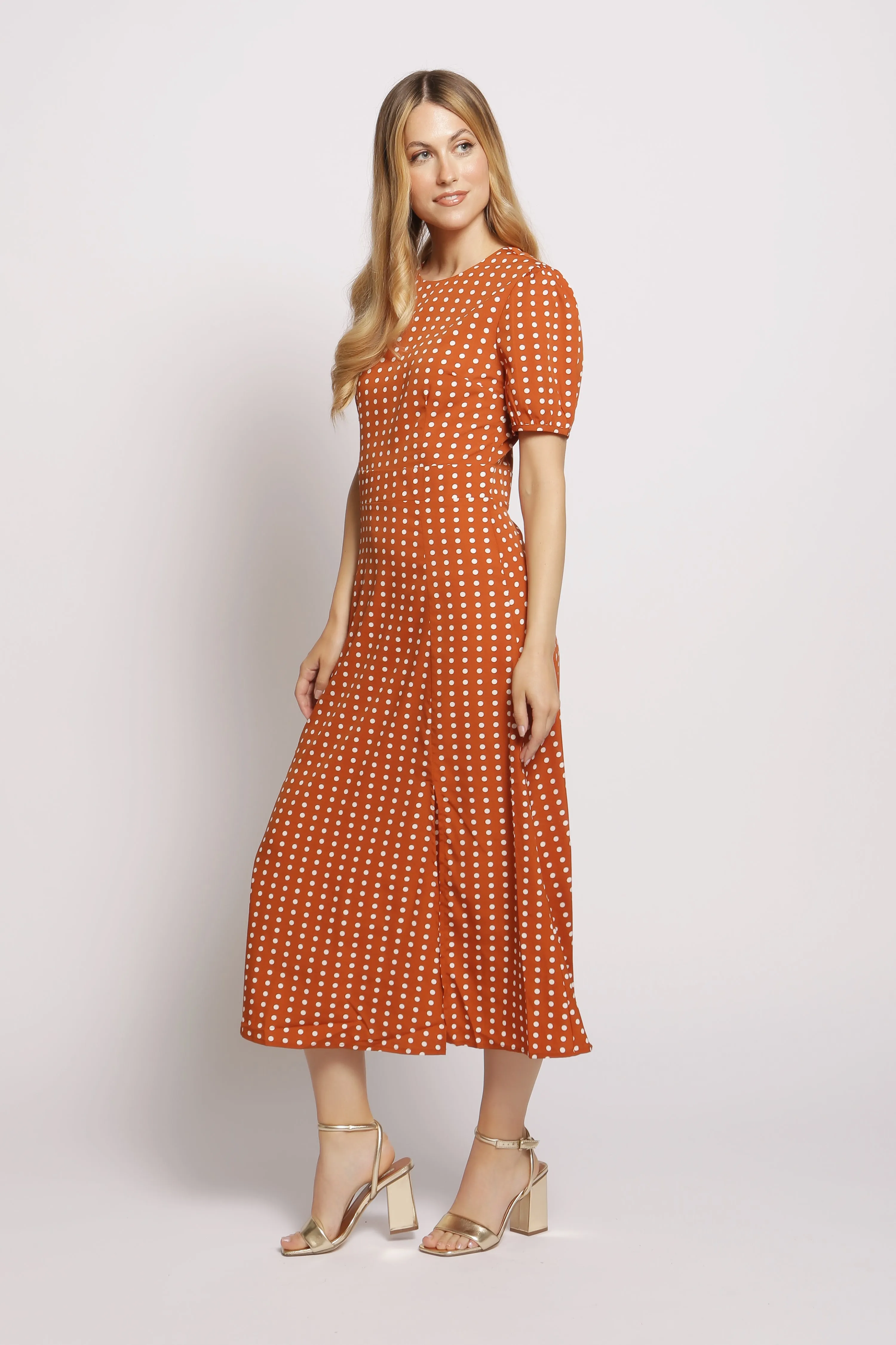 Short Sleeve Maxi Dress in polka dot BROWN