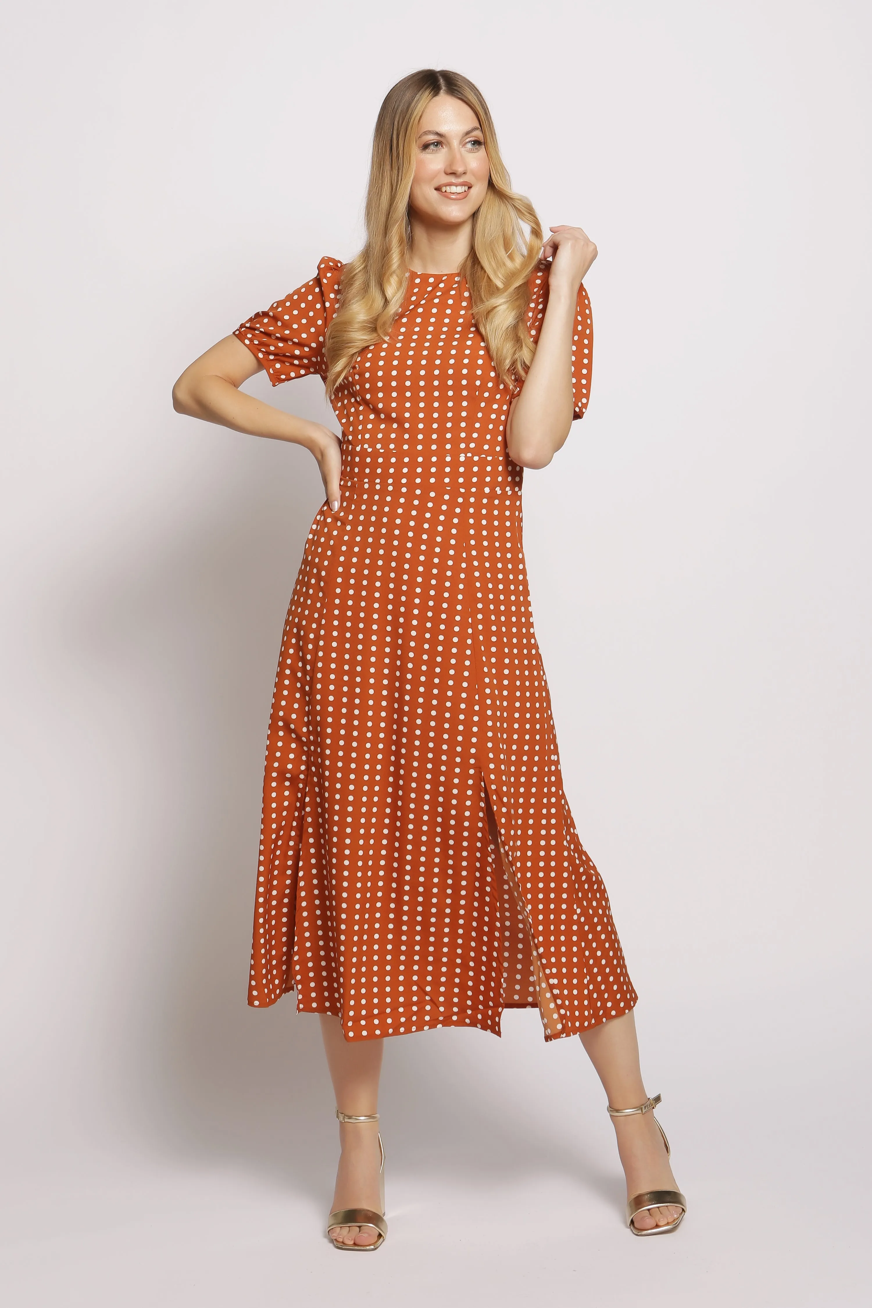 Short Sleeve Maxi Dress in polka dot BROWN