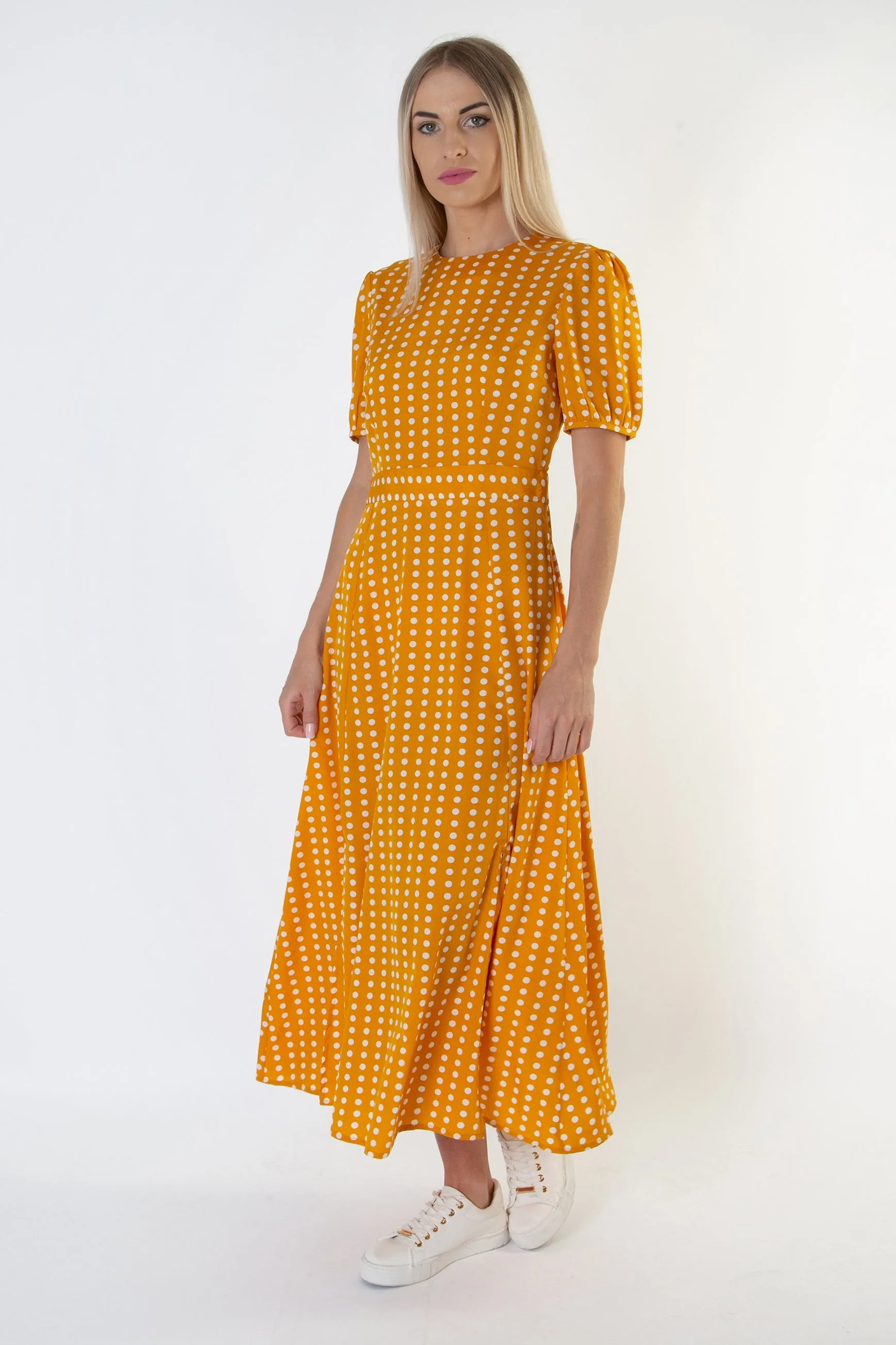 Short Sleeve Maxi Dress in Polka Dot - Mustard