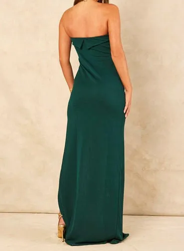 Signage Bardot Maxi Gown Dress With Side Split In Green