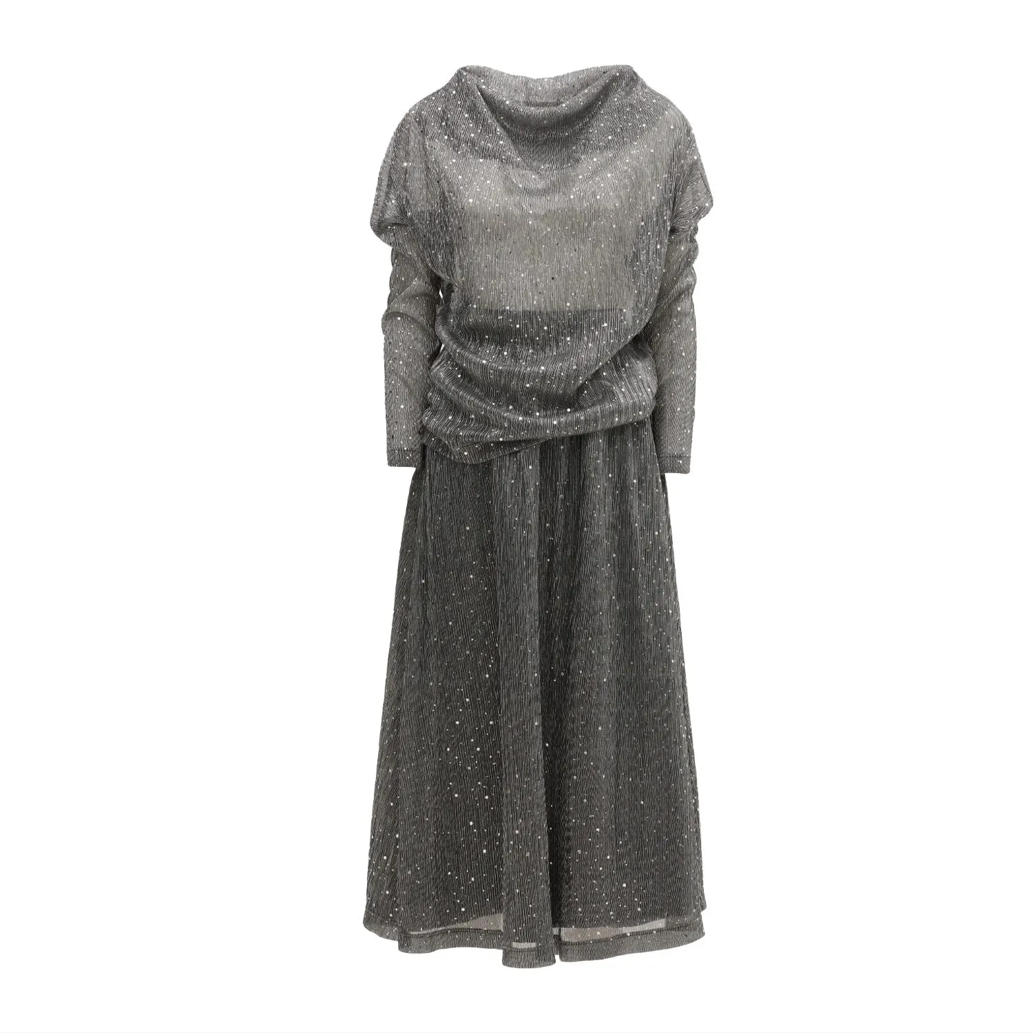 Silver Glitter Set - Pleated Skirt And Drape Top