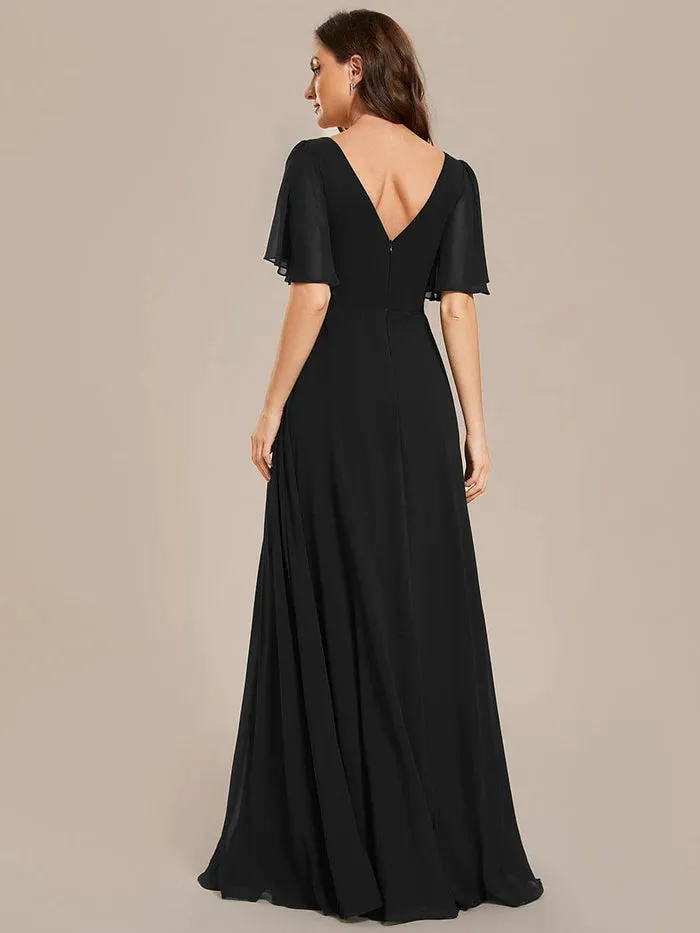 Simple Chiffon Short Sleeves Empire Waist A-Line Maxi Bridesmaid Dress