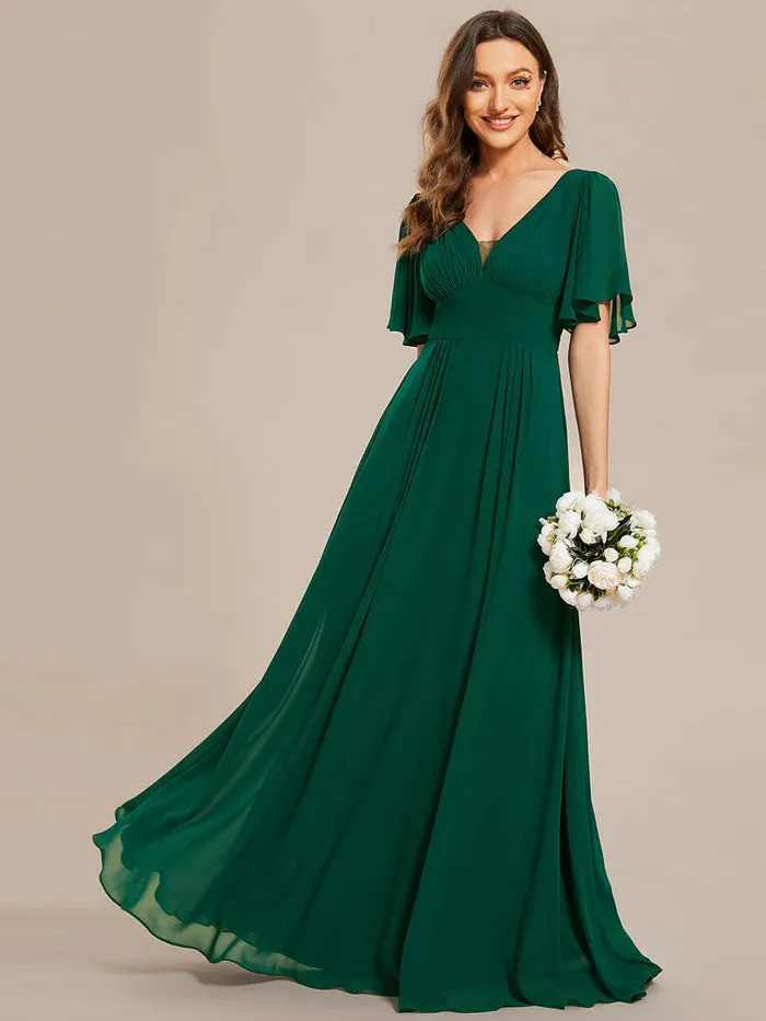 Simple Chiffon Short Sleeves Empire Waist A-Line Maxi Bridesmaid Dress