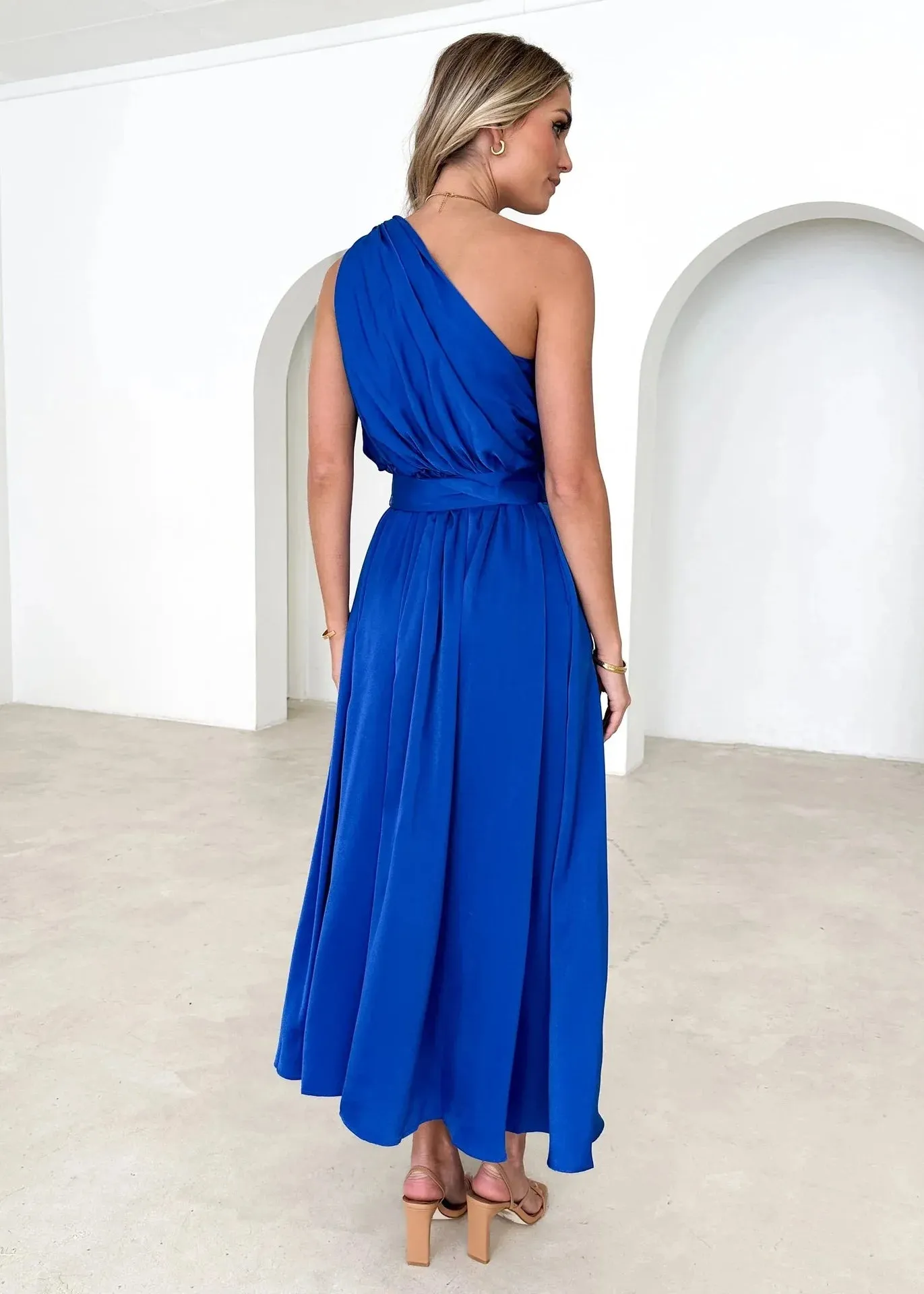 Sleeveless Asymmetric Belted Waist Flowy Maxi Dress