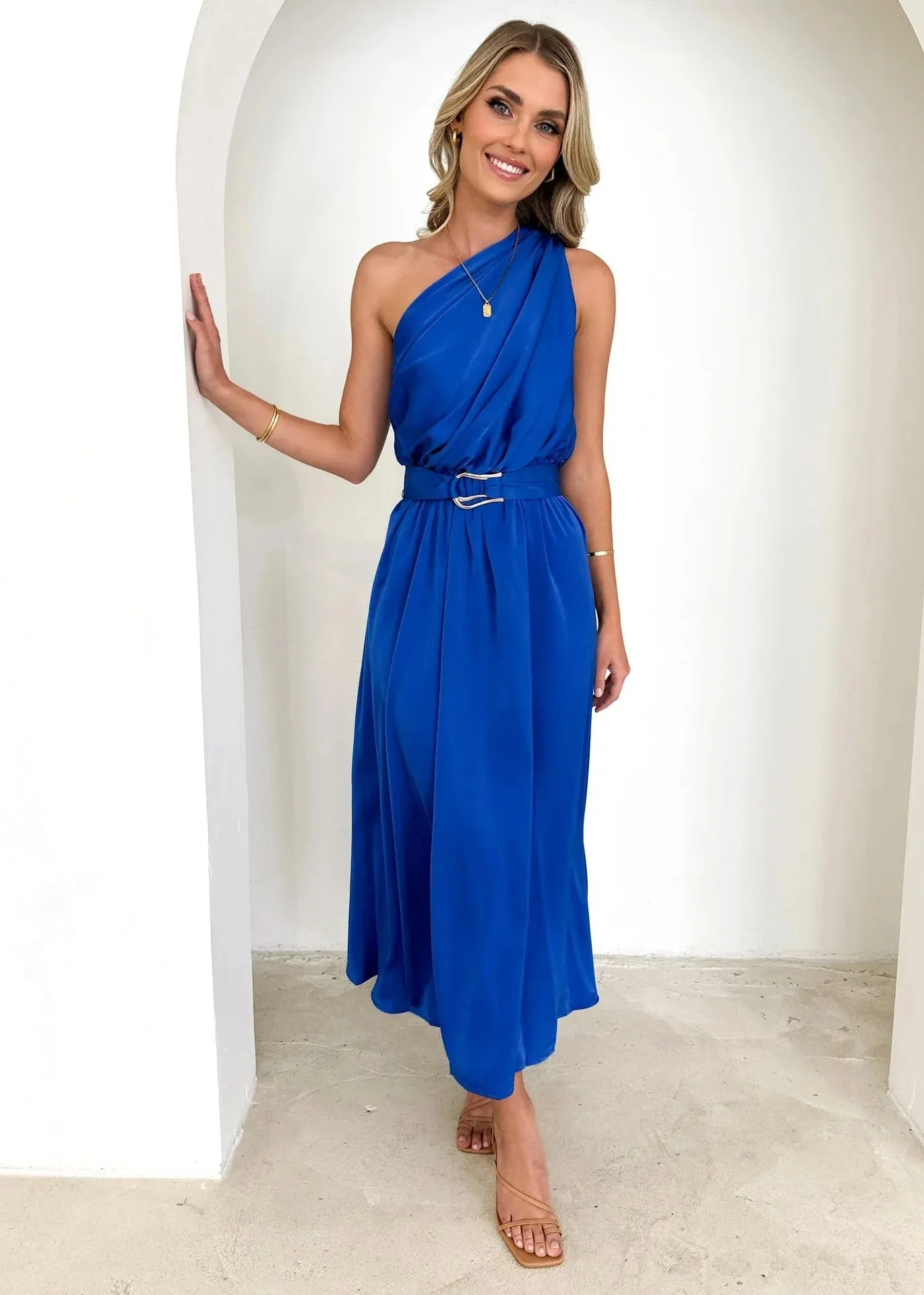 Sleeveless Asymmetric Belted Waist Flowy Maxi Dress