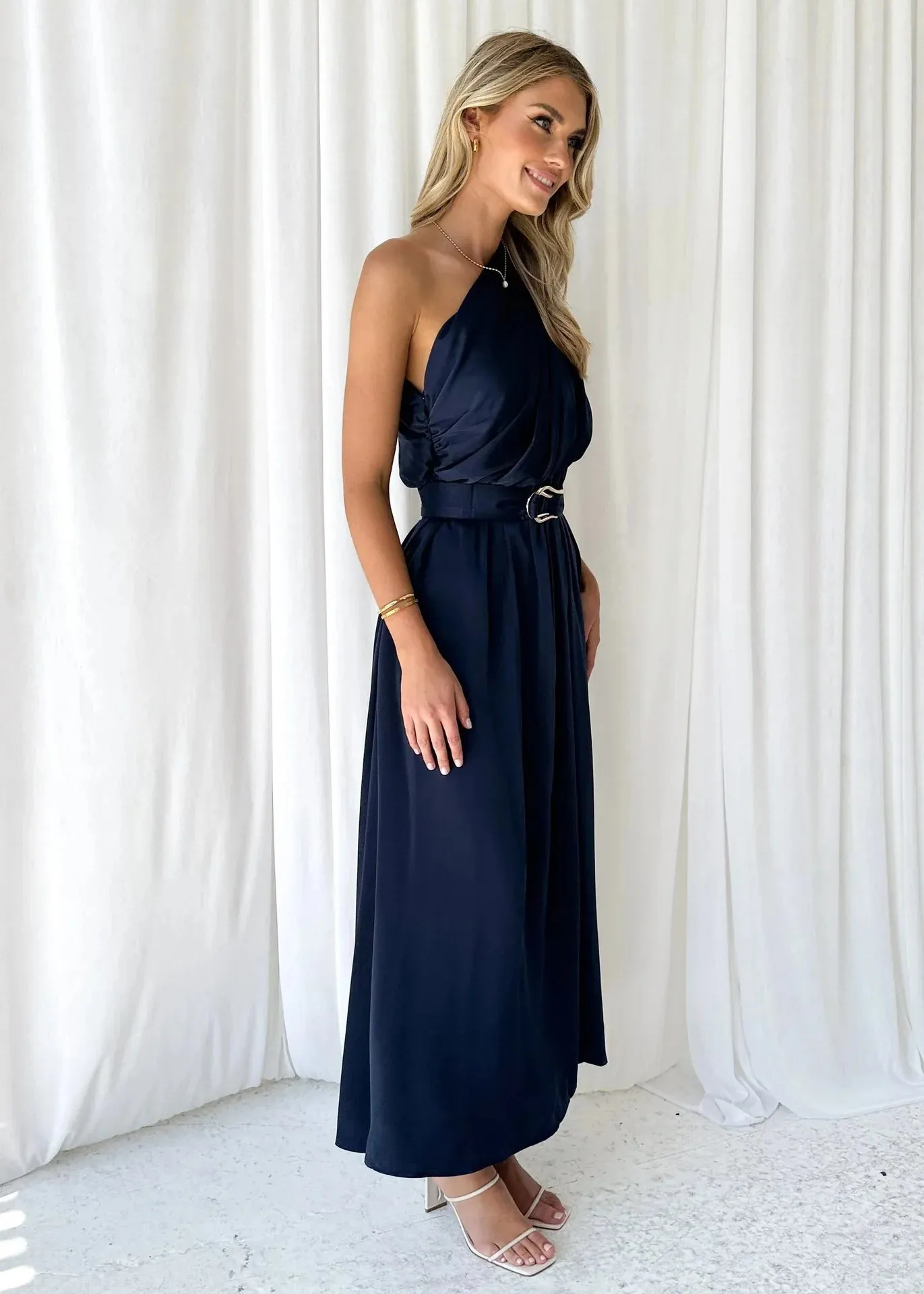 Sleeveless Asymmetric Belted Waist Flowy Maxi Dress