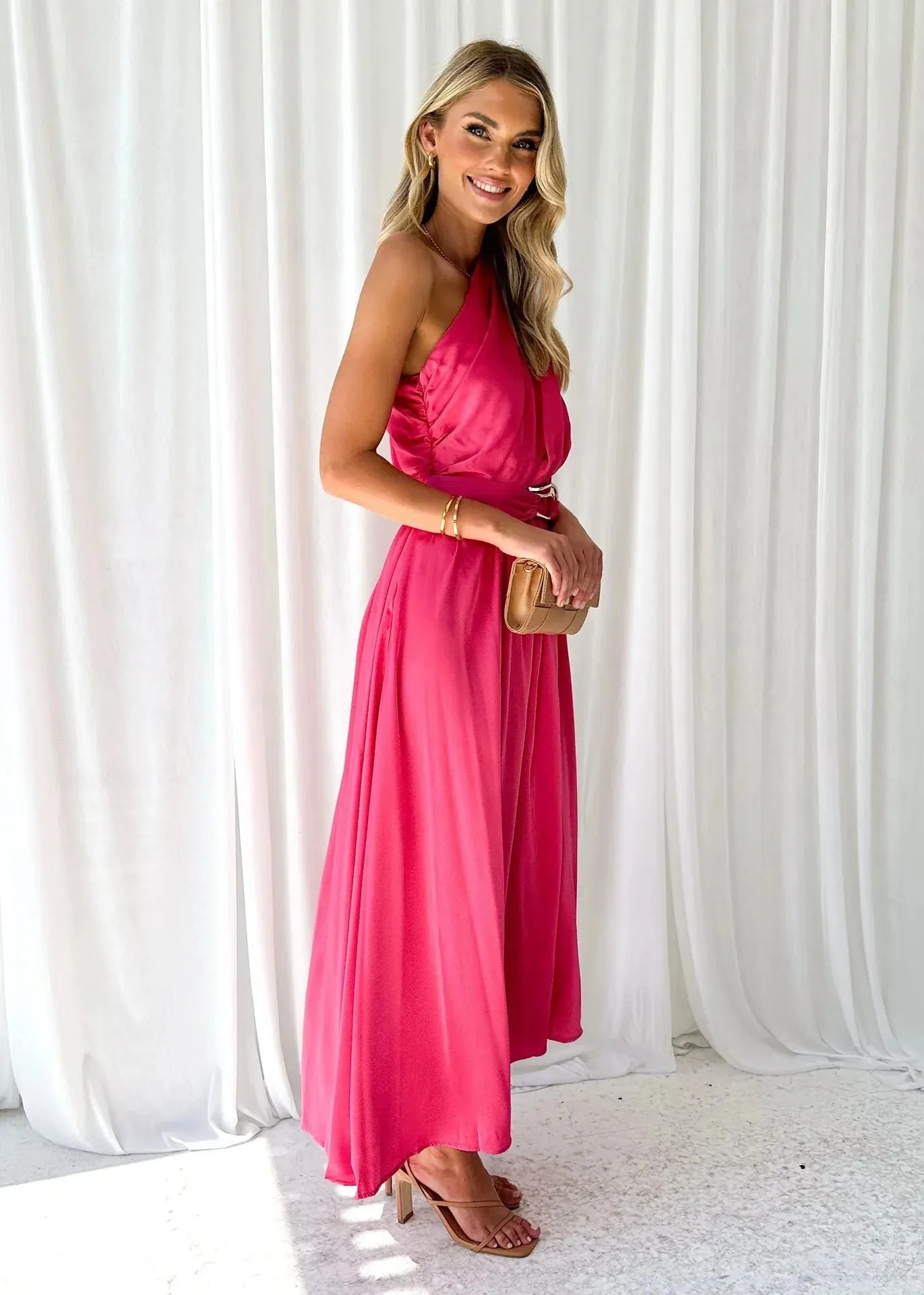 Sleeveless Asymmetric Belted Waist Flowy Maxi Dress