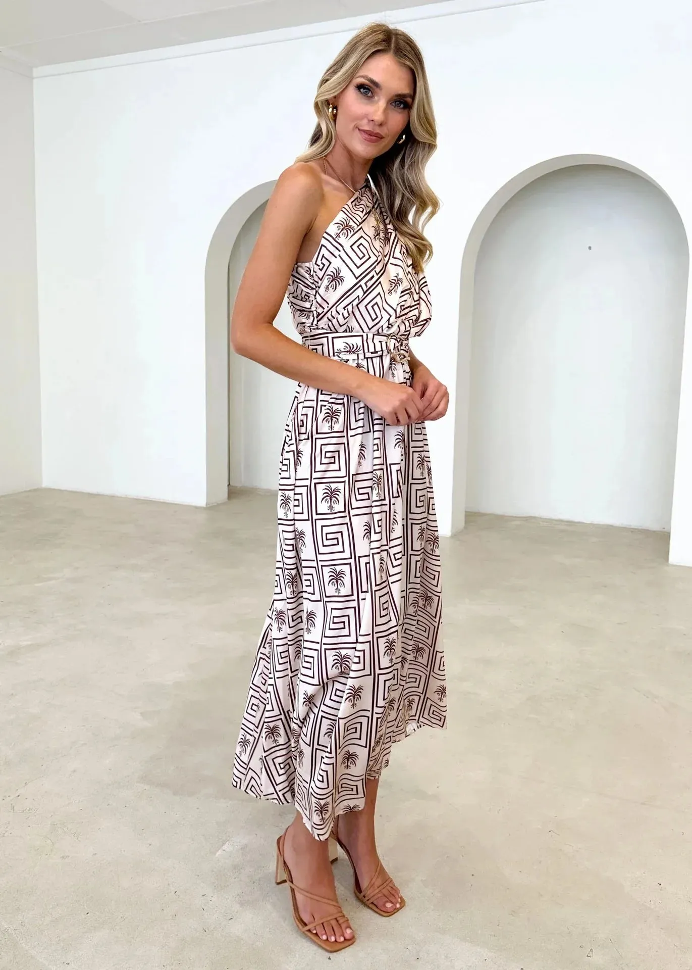 Sleeveless Asymmetric Belted Waist Flowy Maxi Dress