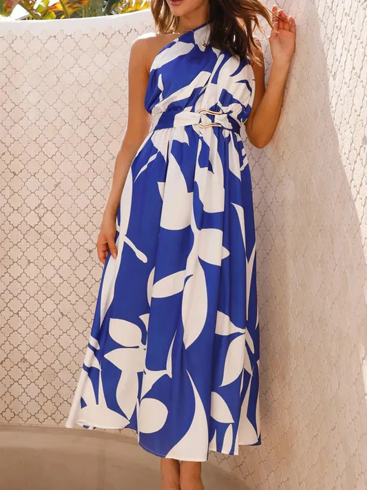 Sleeveless Asymmetric Belted Waist Flowy Maxi Dress