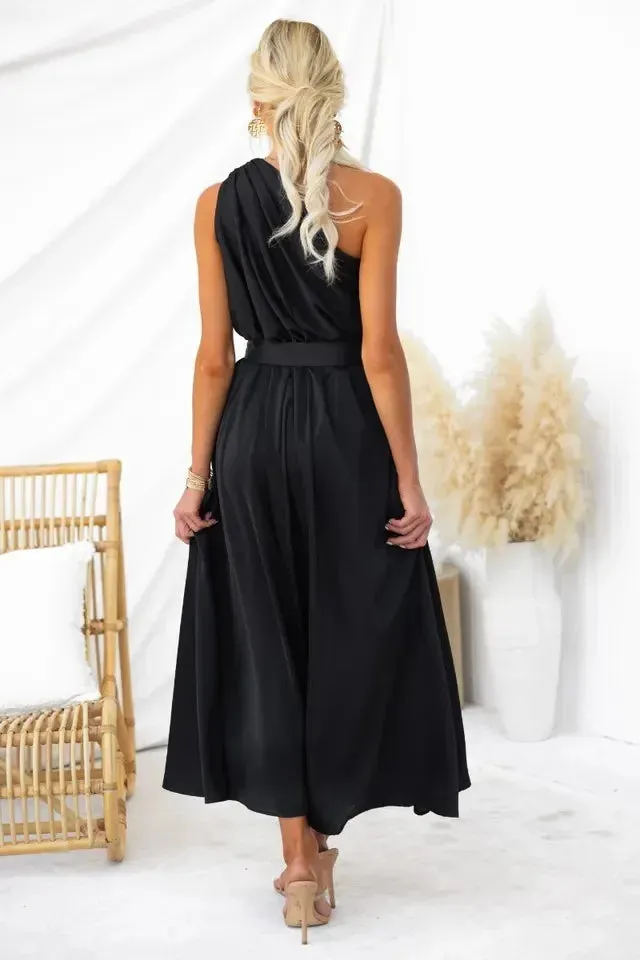 Sleeveless Asymmetric Belted Waist Flowy Maxi Dress