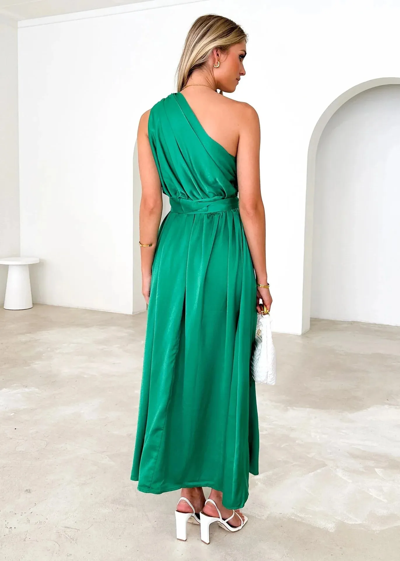 Sleeveless Asymmetric Belted Waist Flowy Maxi Dress