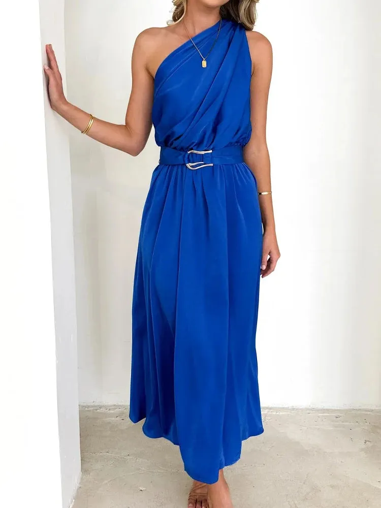 Sleeveless Asymmetric Belted Waist Flowy Maxi Dress