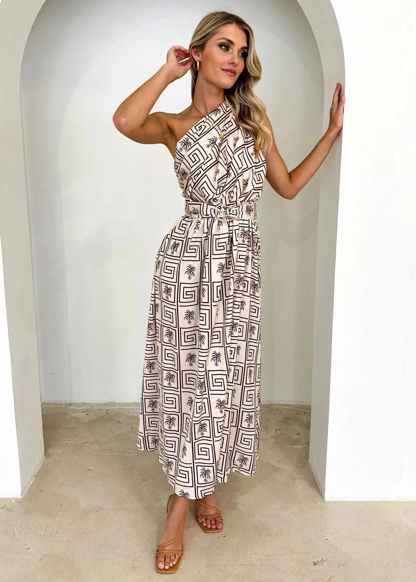 Sleeveless Asymmetric Belted Waist Flowy Maxi Dress