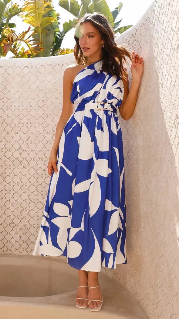 Sleeveless Asymmetric Belted Waist Flowy Maxi Dress