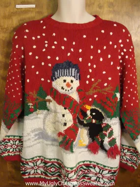 Snowman and Penguin Playing Tacky Xmas Party Sweater