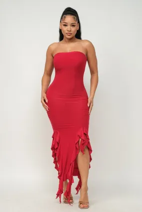 Solid Bottom Ruffle Trim Hem Slit Tube Maxi Dress