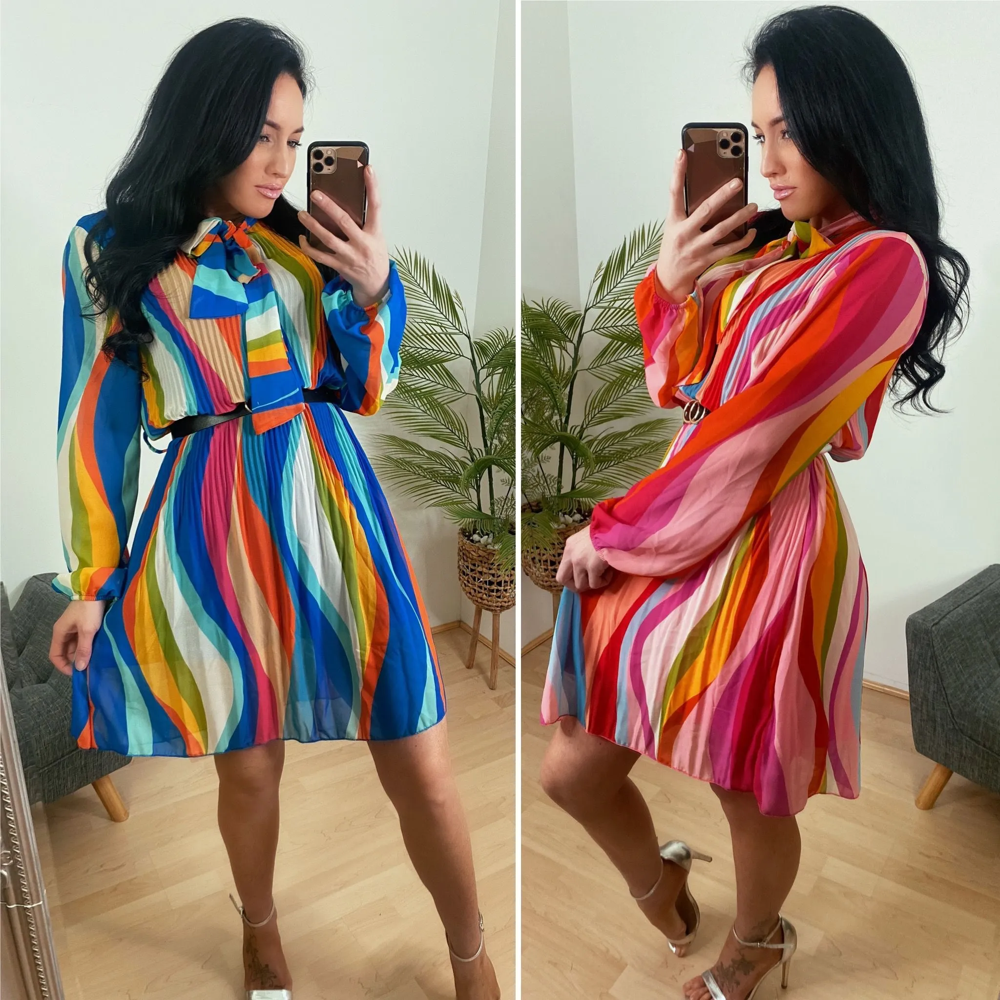 Sophia - full sleeve multi colour stripes pleated dress PINK