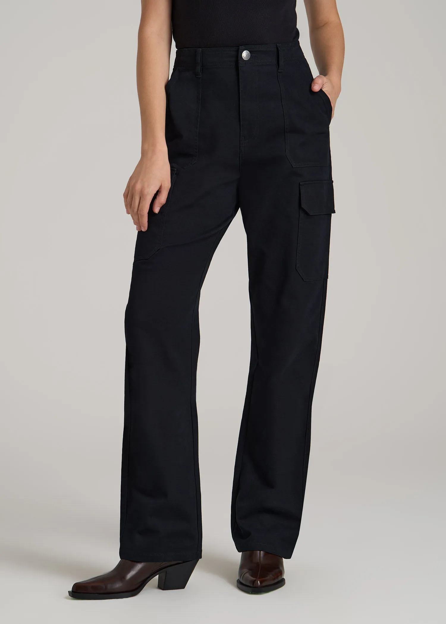 Straight Leg Cargo Chino Pants for Tall Women in Black