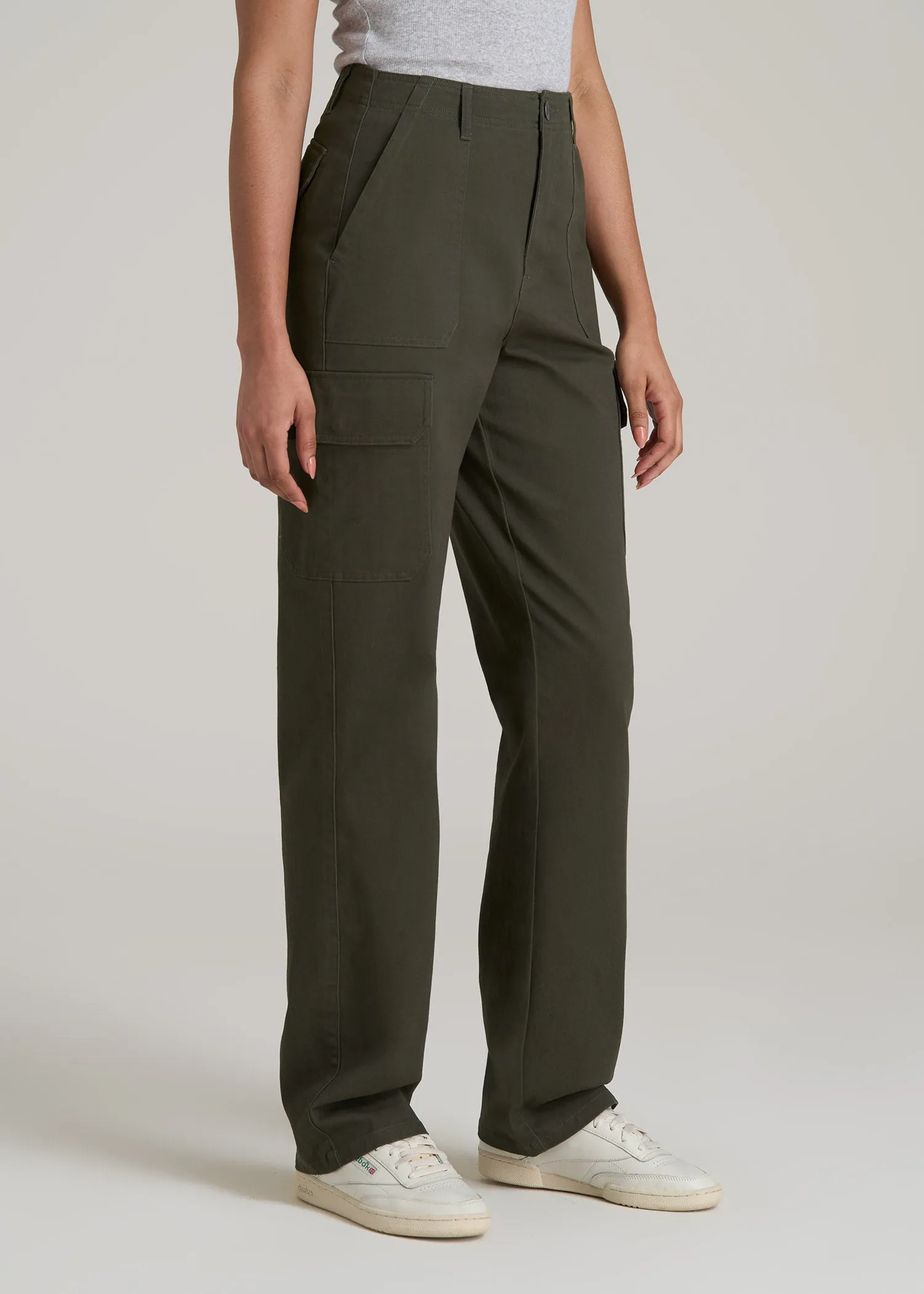 Straight Leg Cargo Chino Pants for Tall Women in Dark Moss Green