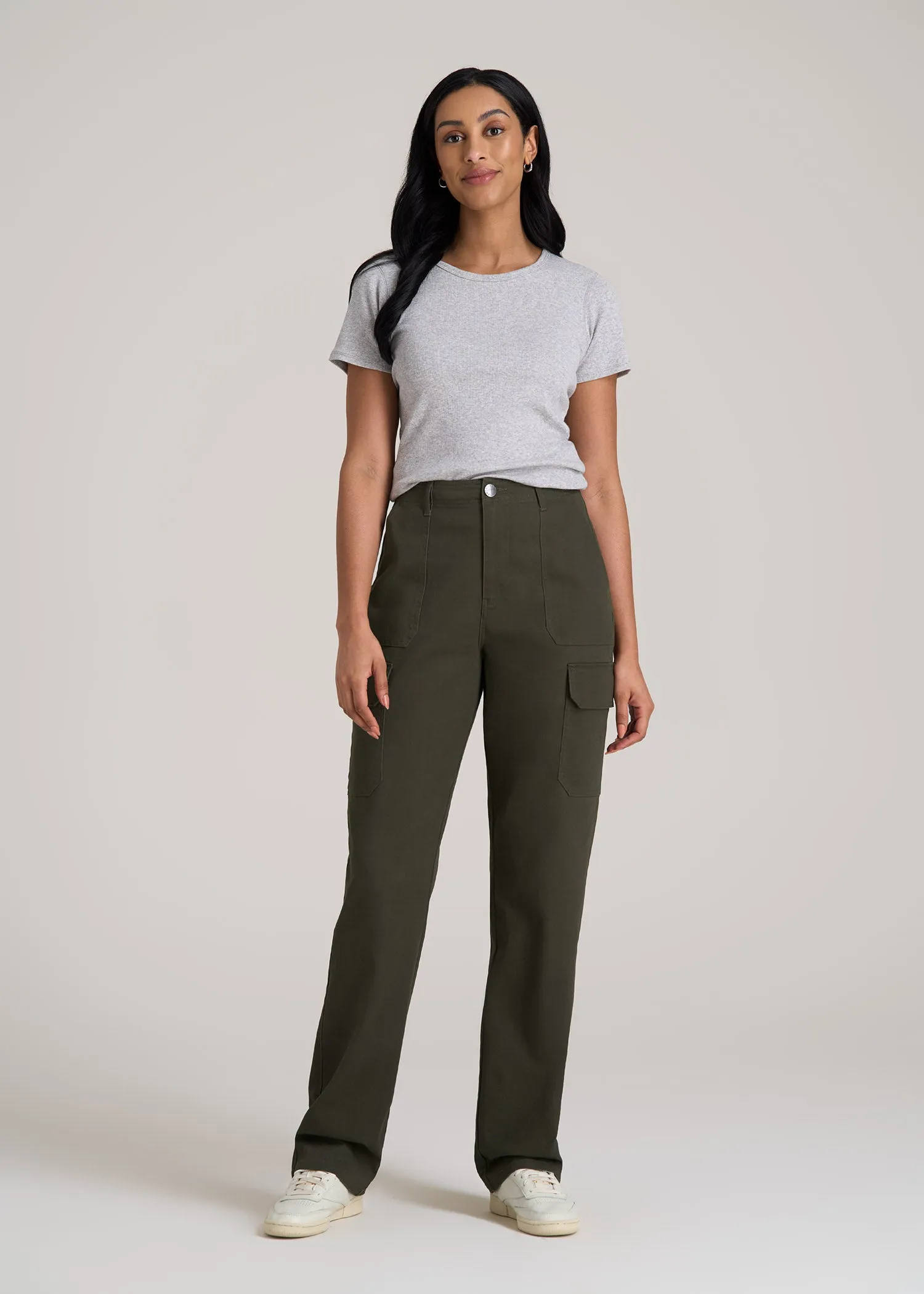 Straight Leg Cargo Chino Pants for Tall Women in Dark Moss Green