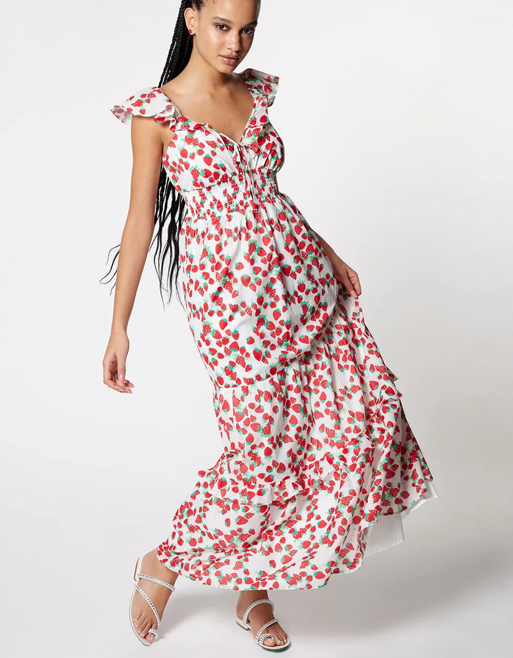 STRAWBERRY PRINT MAXI DRESS WHITE